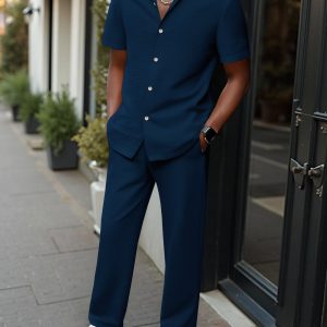 Men's 2-Piece Short Sleeve Shirt & Long Pants Set – Textured Crinkle Fabric Lounge Wear